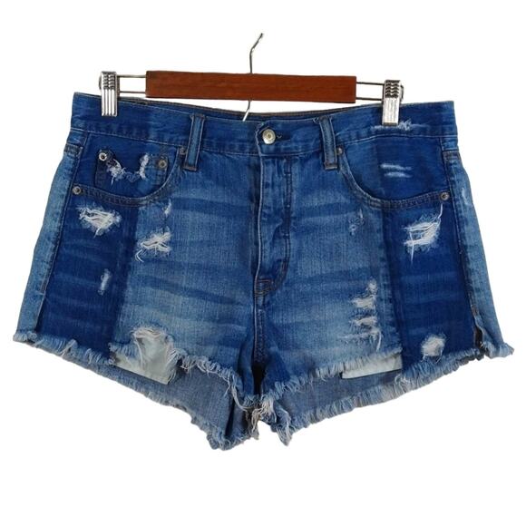 R AE American Eagle Vintage Hi-Rise Festival Distress Blue Denim Jean Shorts 10 - Picture 1 of 8
